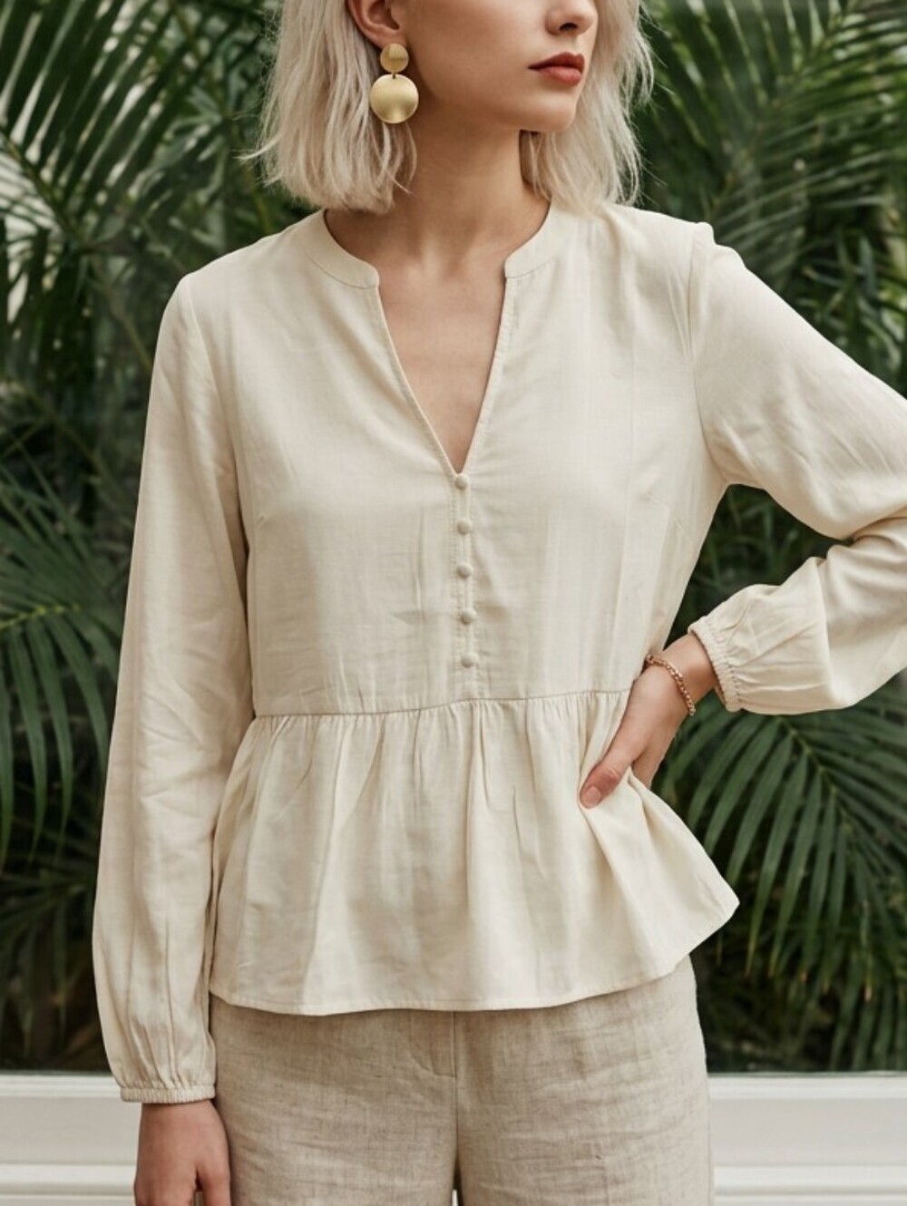 B.young Cream Button-Peplum Long-Sleeve Blouse